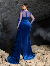 Plus Floral Embroidered Velvet Evening Dress | Illusion Sleeves with Low Back & High Slit